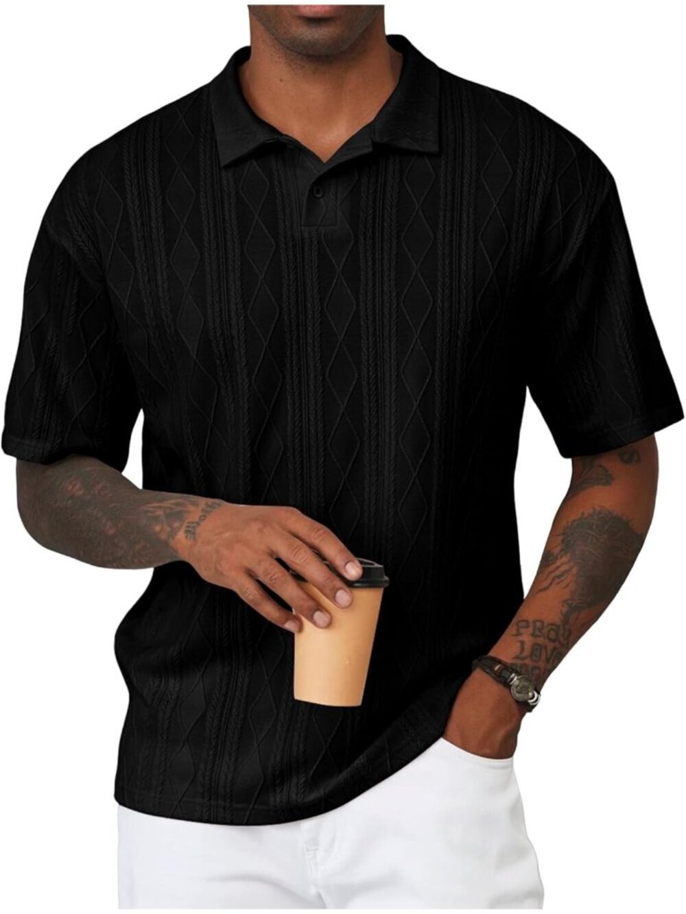 Men Black Knit Short Sleeve Casual Golf Beach Button Summer Textured Polo Shirt